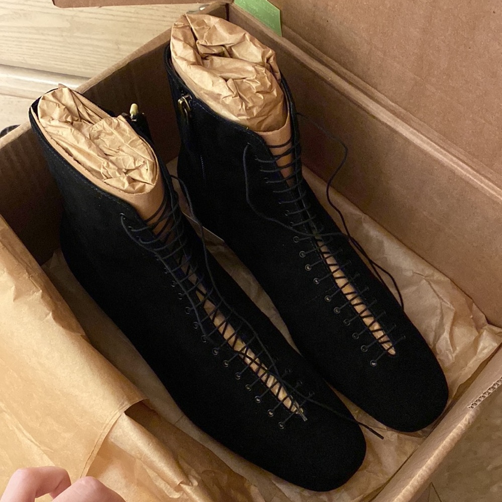 SOLD NWT Doen Victoriana black suede leather lace up flats boots booties size 40